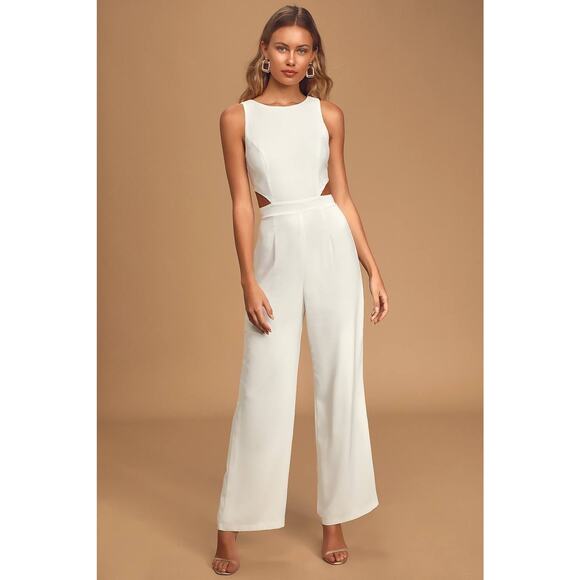 NWT Lulus Moments to Remember White Sleeveless Wide-Leg Cutout Jumpsuit Classy S - Picture 5 of 12